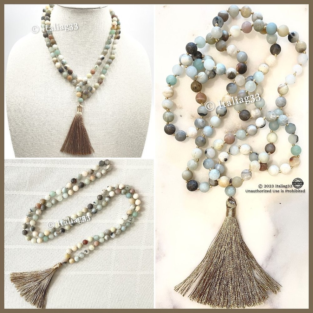 Mala Amazonite Beads Necklace Natural Matte Gemstone Silk Tassel Meditation New